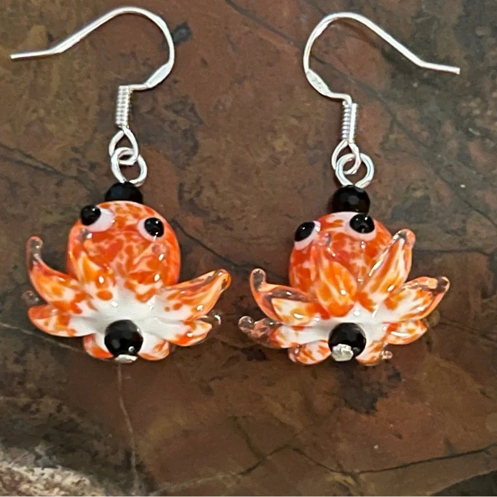New Adorable Orange & White Lamp Work Glass Octopus Earrings